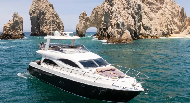 High-end 63ft yacht anchored in turquoise waters.